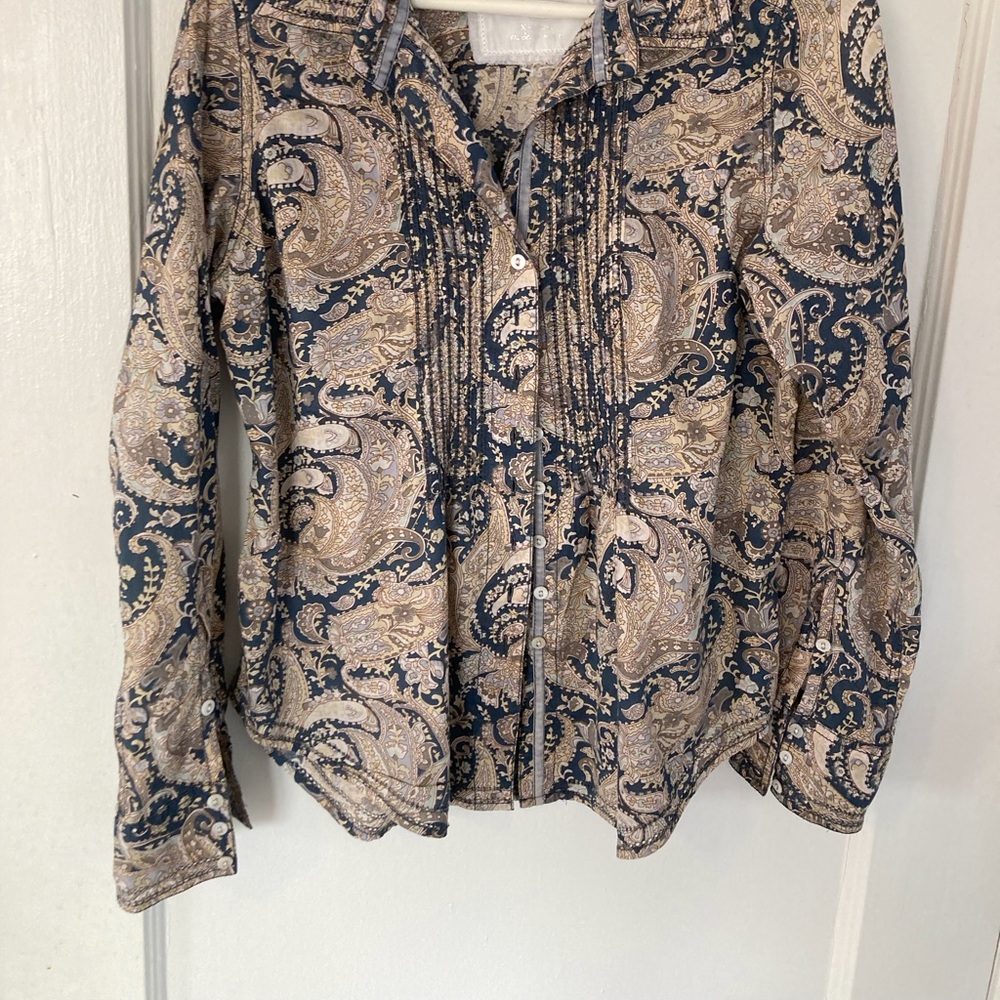 Paisley Button-Front Blouse in Navy and Beige